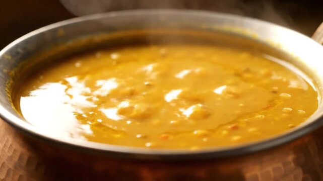 A vibrant close-up of traditional indian dal simmering in a copper pot, evoking a warm culinary experience.