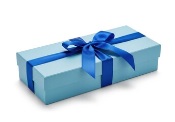 Obraz premium Long rectangular pale blue present box is tied with a shiny deep blue ribbon and bow.