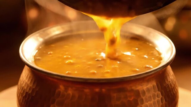 Golden indian dal is freshly poured into a steaming copper pot, capturing an authentic thali culinary experience.