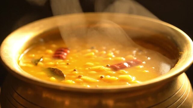 Close-up of a steaming, golden indian thali dal in a traditional brass pot, evoking an authentic culinary experience.