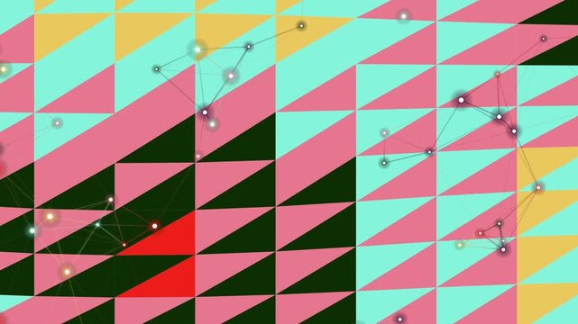 A colorful geometric pattern of triangles in pink, green, yellow, and red hues, forming a dynamic background with a modern aesthetic and seamless loop design.
