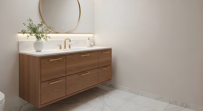 Modern bathroom interior featuring floating vanity mirror and fixtures