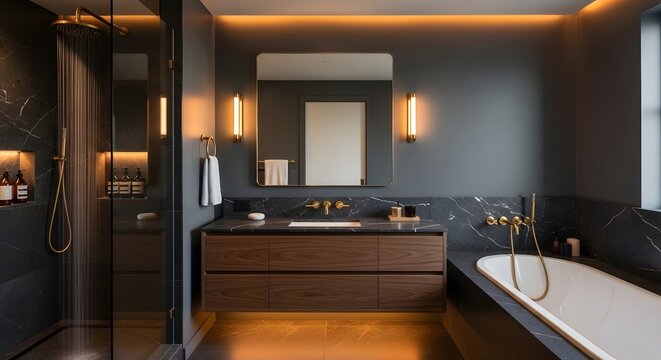 Modern bathroom interior with sleek design featuring bathtub and mirror