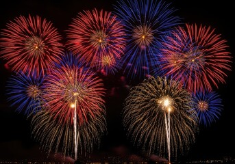 Brilliant colorful pyrotechnics illuminate the dark night sky with celebratory bursts.