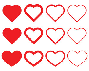 Set of isolated heart shapes in various styles including solid fill outline and empty options suitable for design concepts or visual communication