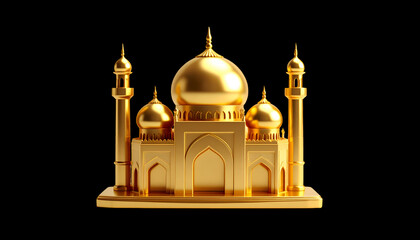 Golden mosque 3D rendering on black background with shining metallic texture and intricate architectural details for decorative use and Ramadan design