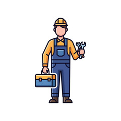 Service Worker with Tools Icon: Professional Handyman, Mechanic, or Technician in Uniform with Hard Hat, Wrench, and Toolbox Vector Illustration