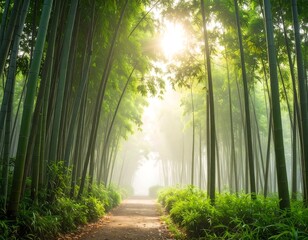 A serene forest path lined with tall bamboo trees and lush greenery