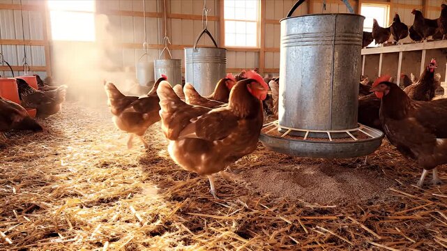 Chickens foraging for feed in a rustic barn with warm sunlight streaming through windows illuminating dust motes