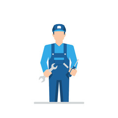Obraz premium Professional Mechanic, Repairman, or Plumber with Wrench and Screwdriver. Flat Vector Icon for Service and Maintenance.