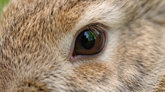 Close Up Extreme Macro of a Wild Rabbit Eye Showing Detailed Fur Texture and Reflecting Green Foliage Under Natural
