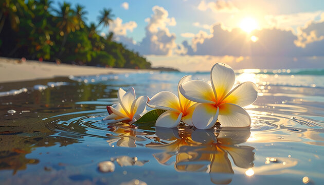 Plumeria flowers floating in shallow ocean water at sunset with a tropical beach backdrop create a serene and inviting scene