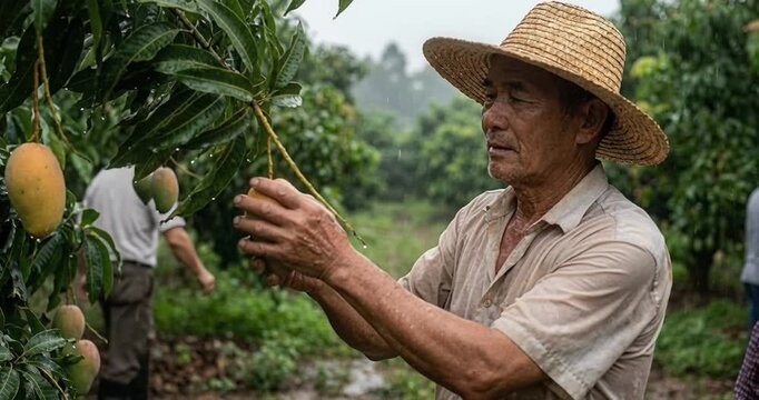 Farmer examining ripe mangoes on a tree in an orchard