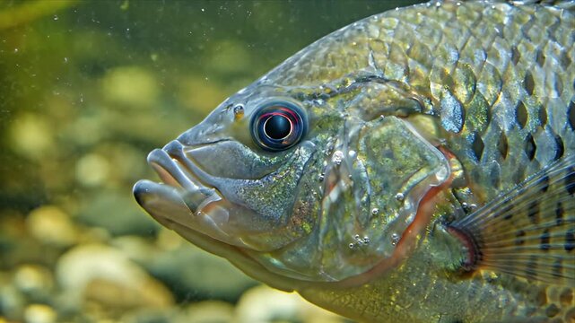 Close-up of a sunfish with detailed scales and vibrant eyes swimming in clear water over a rocky riverbed, natural
