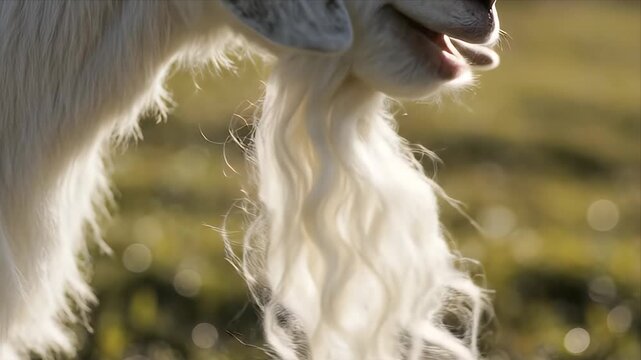 Close-up of a white goat's beard in soft sunlight with blurred green background, detailed texture of fur