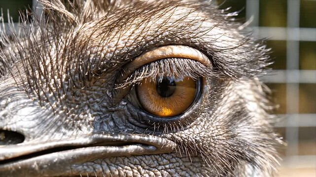 Close up of an emus eye opening showing a detailed iris and feathery eyelashes against a blurred natural background
