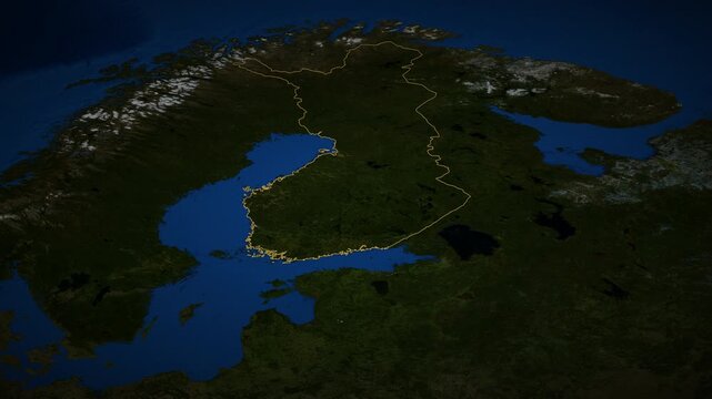 Finland high resolution 4k satellite map locator video cinematic zoom animation with 3d drop shadow and illuminated border European travel geography and geopolitical news broadcasting asset