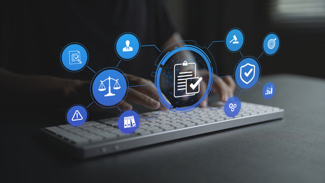Compliance rule law and regulation concept. Person typing keyboard with legal and compliance icons, policy management, regulatory framework and corporate governance.