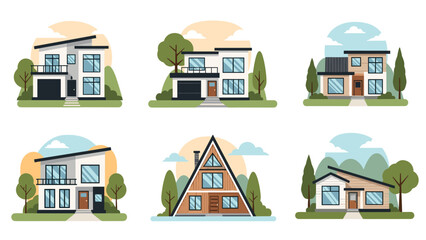 Fototapeta premium Modern residential architecture set featuring various house designs with unique rooflines landscaping and contemporary aesthetic details.