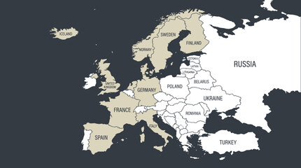 Map of Europe with highlighted countries: France, Germany, Italy, Spain, UK, Sweden, Norway, Finland, Iceland © indah