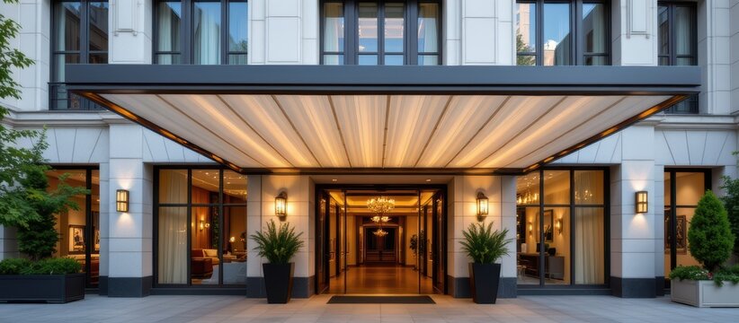 Luxury hotel entrance with modern glass doors, potted plants, and warm lighting.