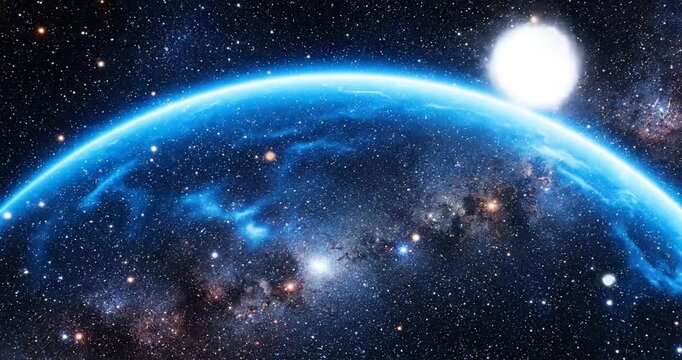 Blue Planet in Space with Stars and Galaxy.