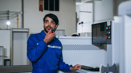 Professional Woodworker Measuring, Cutting and Installing Timber in Factory. Carpentry and Wood Manufacturing Process in Industrial Workshop