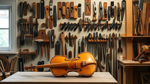 imbecility. A workshop wall with tools and an unfinished violin body on a wooden bench. safety posters, maintenance manuals, designed for precision metalworking and fabrication facilities.