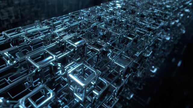 Futuristic metallic cube chain network grid glowing blue with depth, texture, motion and reflective