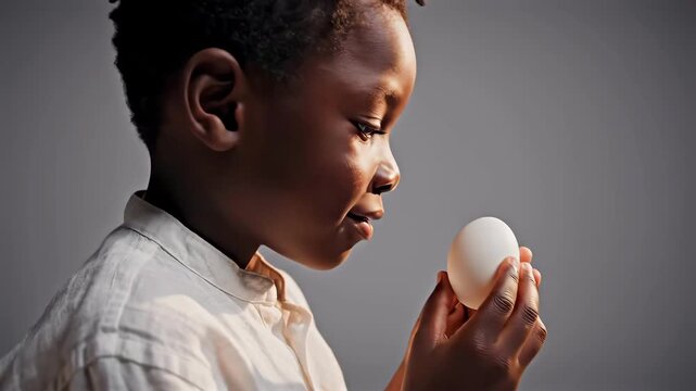 Child studying egg with curiosity, seated studio portrait with neutral backdrop, focused gaze and careful hands cradling fragile shell, contemplative mood and gentle light. Happy easter