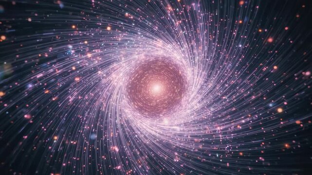 Spiral galaxy core glowing with pink particle stream and dynamic light vortex motion
