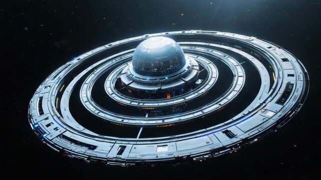 Futuristic orbital station with concentric ring structure, illuminated dome and serene space