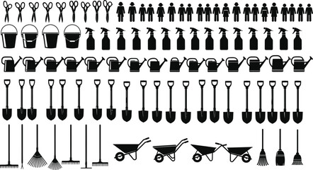 Large collection of gardening equipment silhouettes including shovels watering cans wheelbarrows and tools isolated on white background for landscaping and outdoor design (24 words) © Masuda
