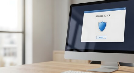 A modern computer screen displaying a clear privacy notice pop-up, signifying important data protection and user consent security concept
