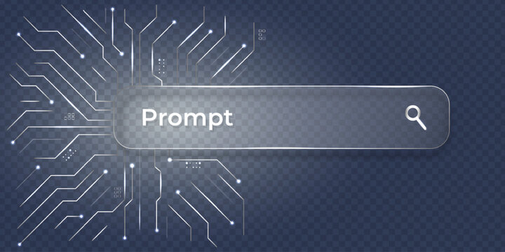 Futuristic suggestion input field with digital circuits.The search bar interface with the word Prompt on a transparent panel with a glass morphing effect against a glowing digital circuit background.