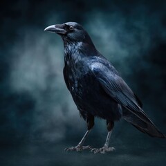 Fototapeta premium A majestic raven standing amid a dark backdrop.