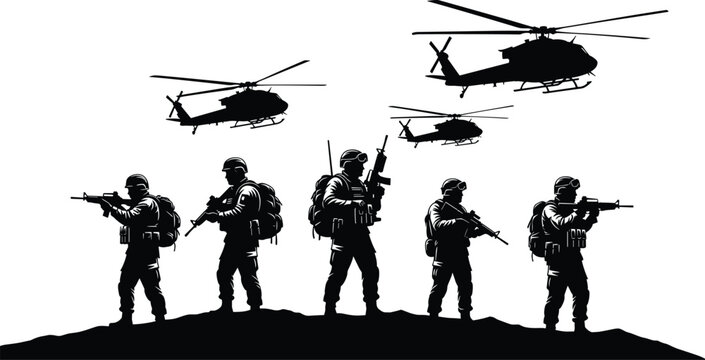 Military soldier silhouettes standing on ridge with helicopters flying in sky for army tactical combat and war mission design icons
