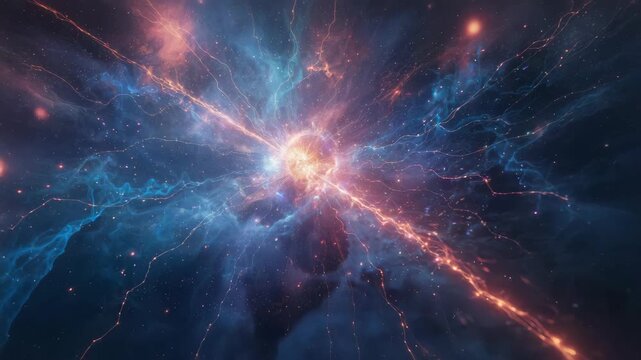 Explosive cosmic nebula with radiant plasma jets, glowing plasma filaments and vibrant star energy