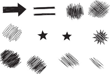 Fototapeta premium Hand-Drawn Arrow Equal Sign Stars and Scribble Shapes Collection Isolated on white background