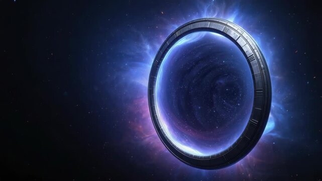Mysterious glowing space ring portal with swirling galaxy center and blue nebula aura ring shaped