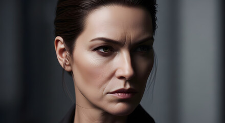 Fototapeta premium Close up portrait of a woman with a serious and firm facial expression