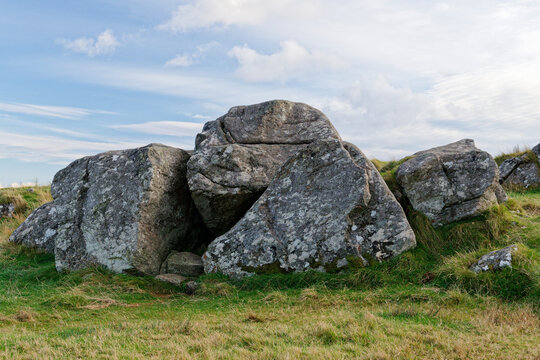 Tursachan prehistoric site at Callanish, Lewis. The focal ice retreat boulder group at the south end of the crag and tail spine. Viewed from NW