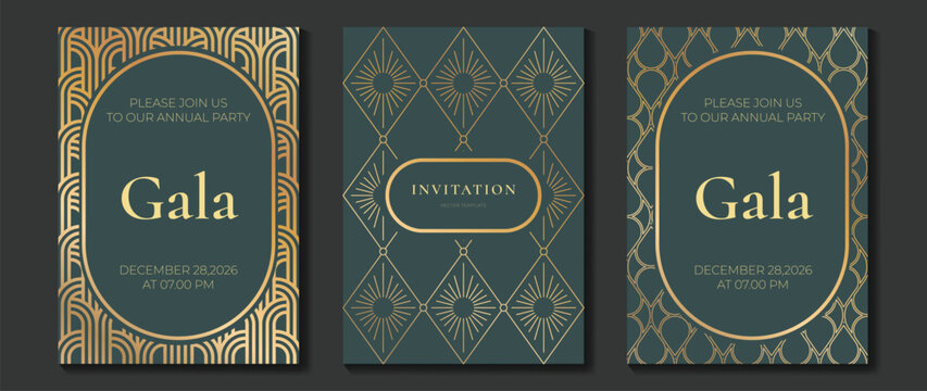 Gala invitation vector template with gold foil details on emerald green background. Luxury elegant design for special event invitations and wedding cards.