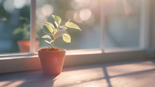 Small potted plant on a wooden surface by a sunny window with blurred background