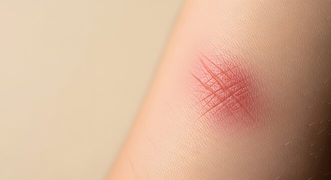 A close-up of a painful bug bite with a visible scratching mark on sensitive human skin, representing an irritation and discomfort concept