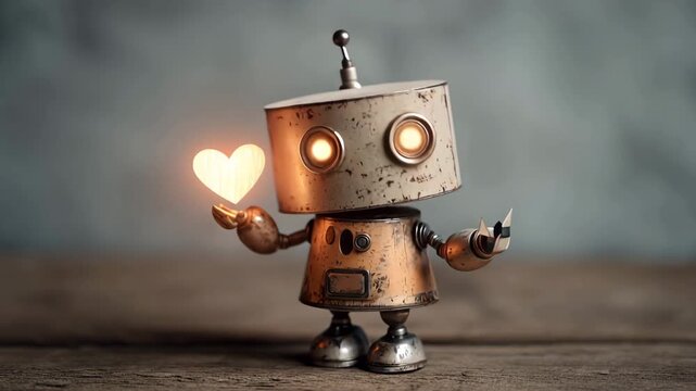 A small robot holding a glowing heart in its hand on a wooden surface