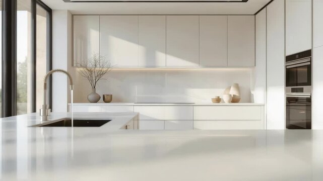 Minimalist white kitchen with island sink natural light marble countertop serene atmosphere