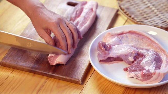 Hands slicing fresh raw pork belly on wooden cutting board in home kitchen, food preparation process for cooking meal, close up culinary preparation and ingredient handling