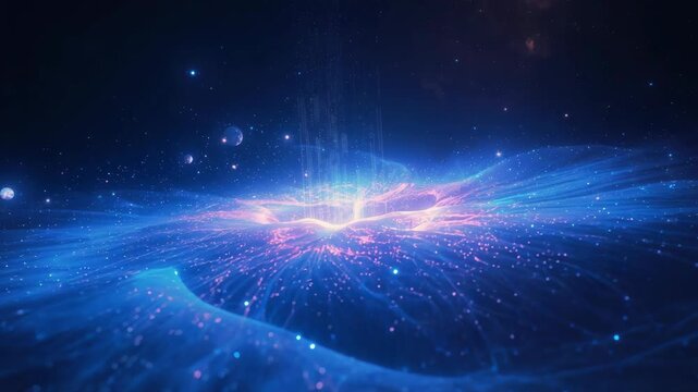 Glowing blue cosmic energy field with radiant particles and distant spheres, glowing cosmic energy