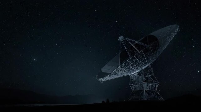 Radio telescope dish starry night sky with distant mountains hills calm horizon and faint stars